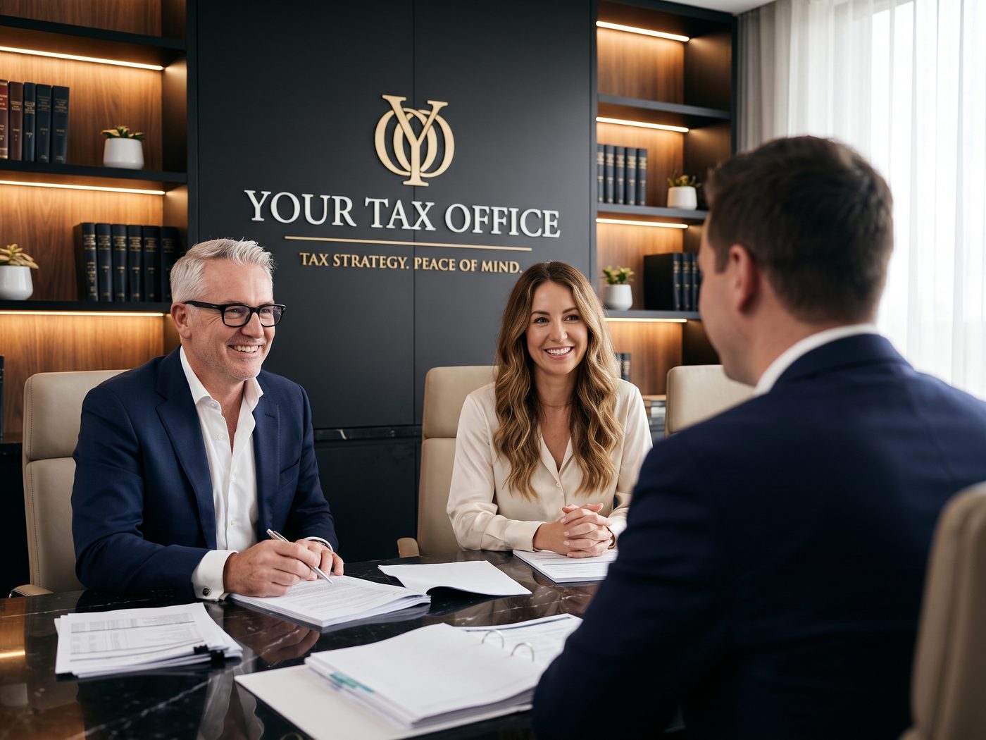 Two advisors meeting a client across a boardroom table beneath the Your Tax Office sign.
