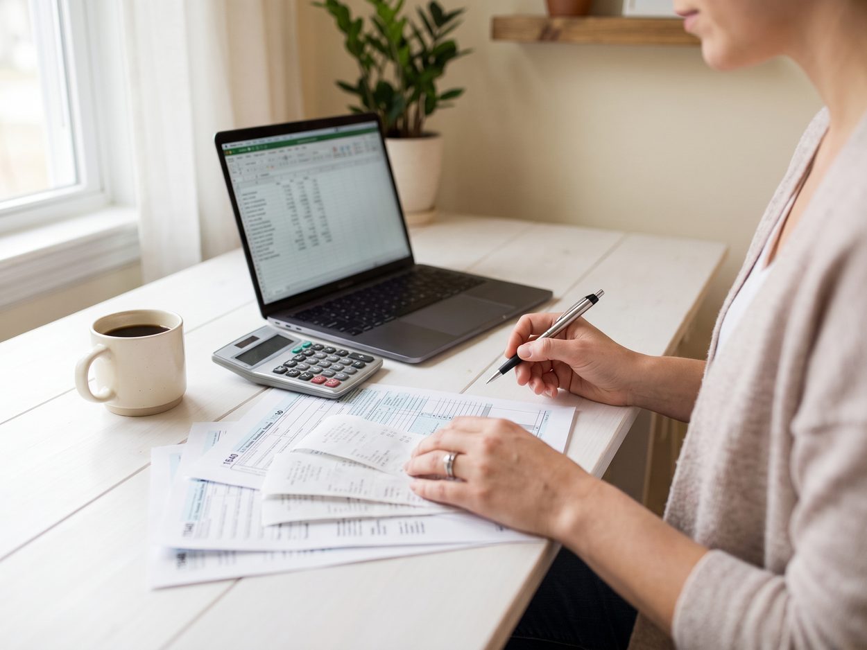 A tax professional working through figures with a calculator and laptop.